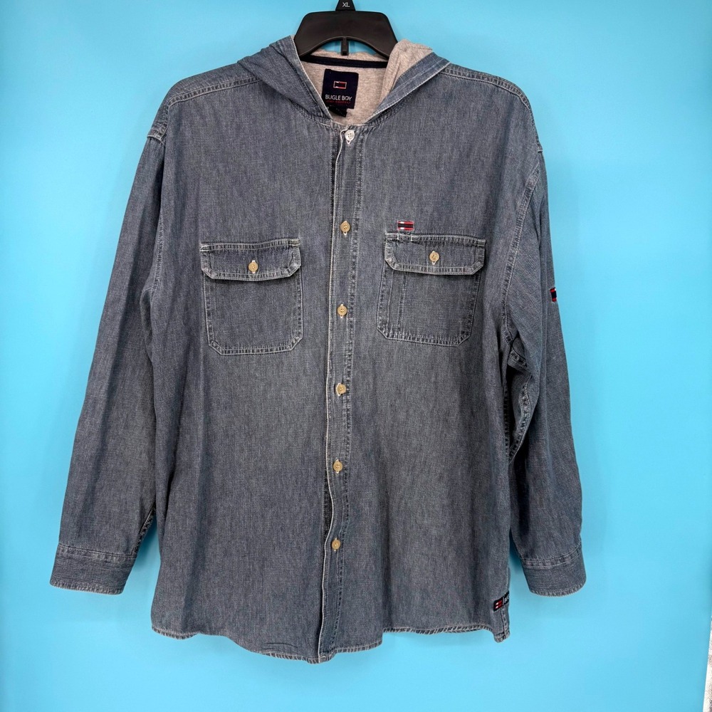 Bugle Boy Jean Company VTG YTK Denim Chambray Hooded Shirt Jacket Blue XL